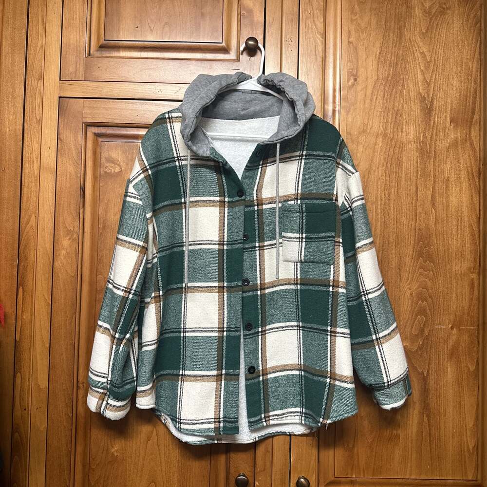 Plaid Pattern Double Pocket Design Fleece-lined Hooded Jacket